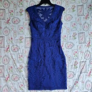 Sue Wong Blue Embroidered Floral Lace Sleeveless Cocktail Party Dress Size 4